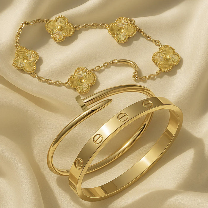 Wholesale Titanium Steel Gold Tone Four Leaf Clover Bracelet Set For Women Trendy Jewelry Accessory