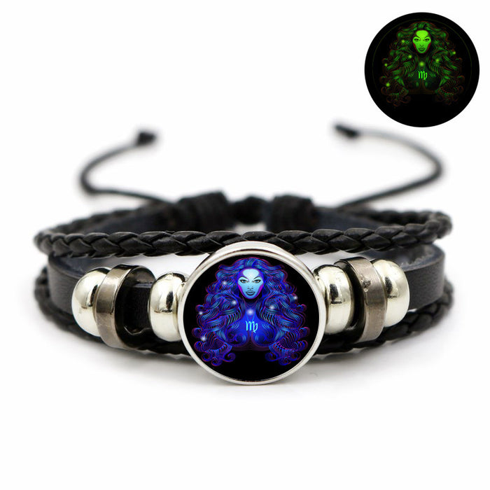 Wholesale Twelve Zodiac Luminous Retro Leather Bracelet Simple Glowing Wristband