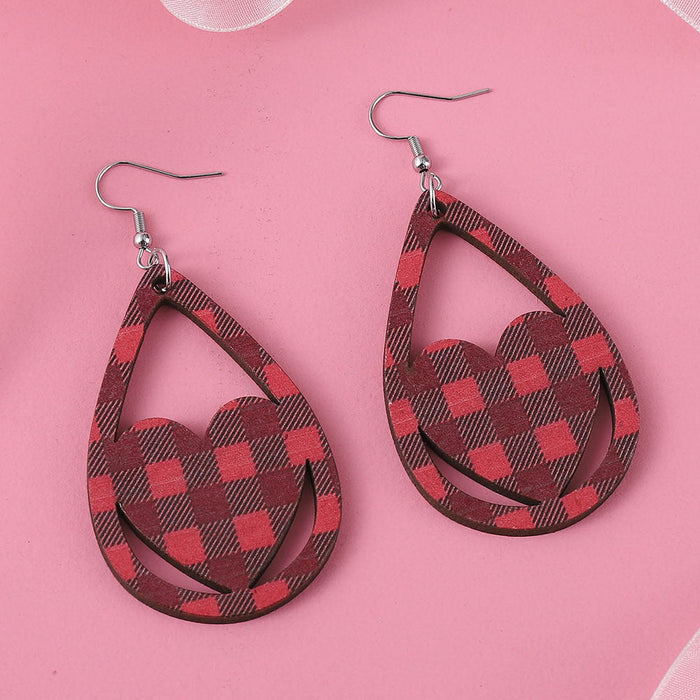 Wholesale Earrings Wood Check Stripe Love Drop Earrings Double Sided Wooden Earrings JDC-ES-ChL006