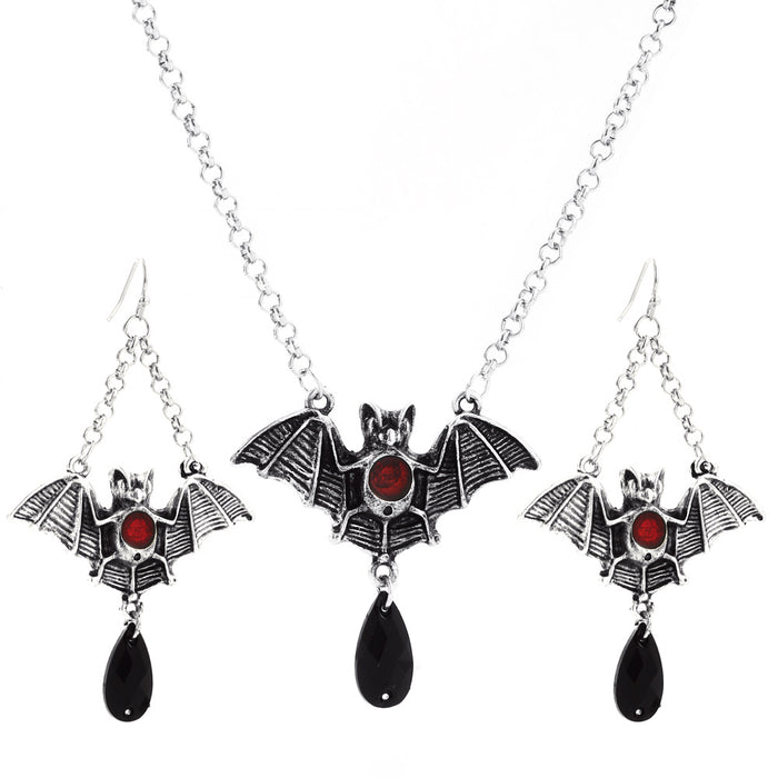 Wholesale Gothic Bat Earrings and Cross Pendant Necklace Set Red Drop Design Alloy Jewelry