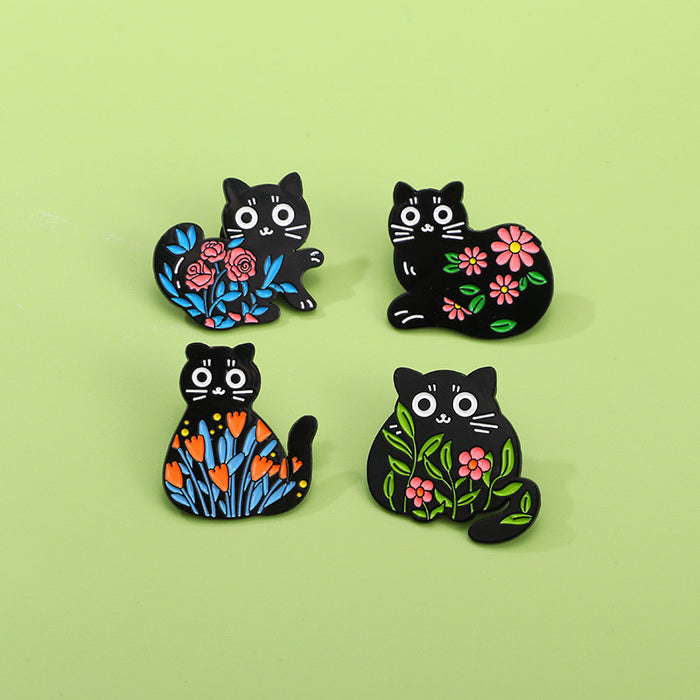 Wholesale Original cute black cat flowers and plants alloy brooch
