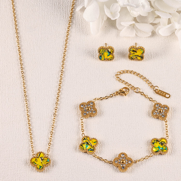Wholesale Stainless Steel Four-Leaf Clover Three-Piece Gold-Plated Jewelry Set