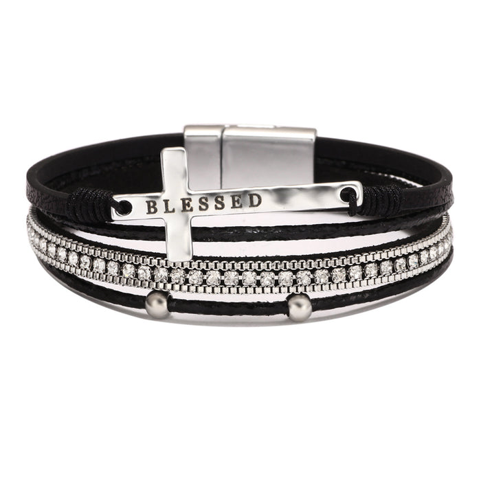 Wholesale Western Style Cross PU Diamond Magnetic Clasp Bracelet JDC-BT-QiN025