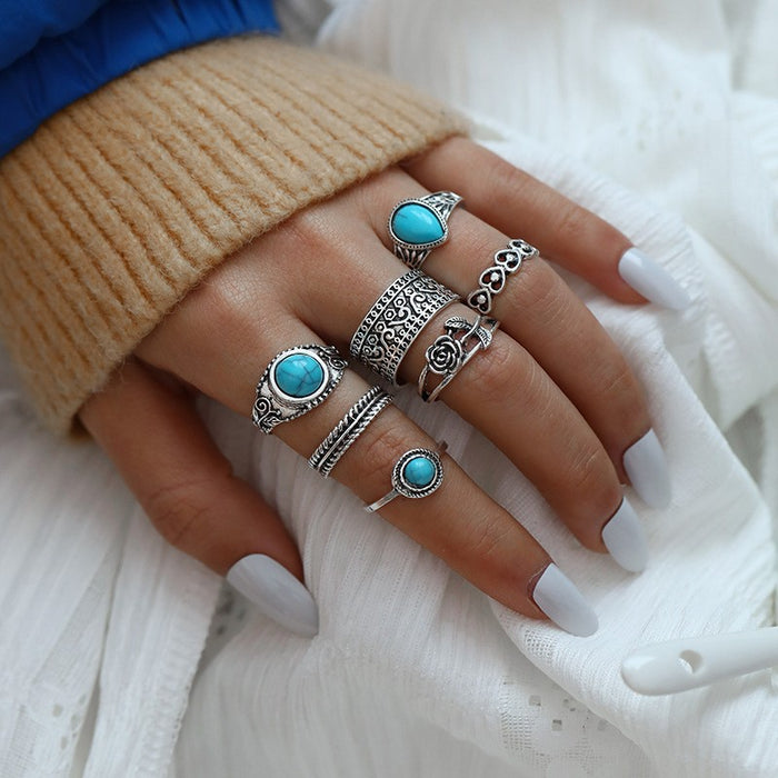 Wholesale Turquoise Carved Feather Ring Set