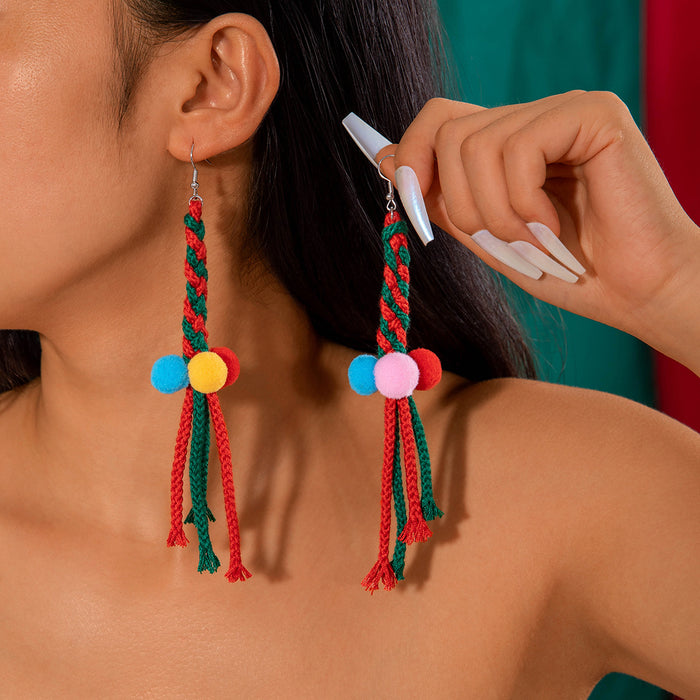 Wholesale Christmas Colorful Woven Pompom Flocked Drop Earrings Women Jewelry Accessory MOQ≥2