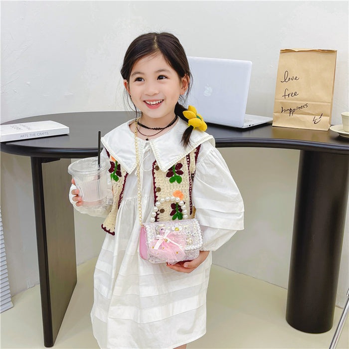 Wholesale Children's Bag Chain Bag Pearl Accessories Hand Bag  Children's Cute Little Flower Shoulder Bag Girl