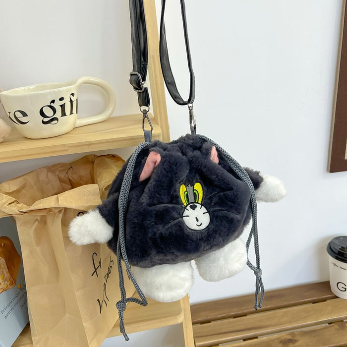 Wholesale Cute Plush Crossbody Women' s Bag Cartoon Cat Drawstring Bucket Shoulder Bag