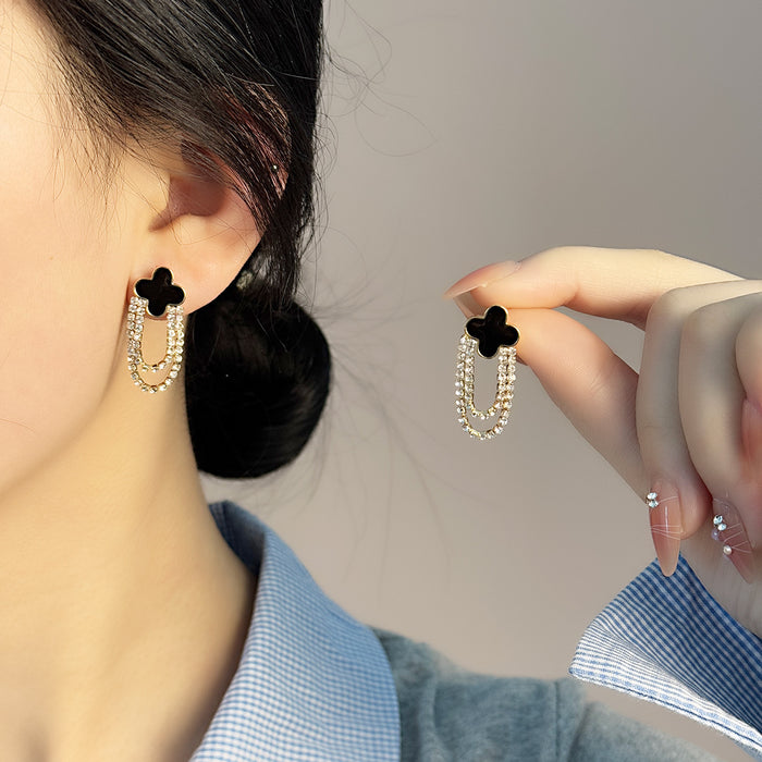 Wholesale Earrings with versatile temperament, diamond studded tassel earrings, four leaf clover earrings, niche