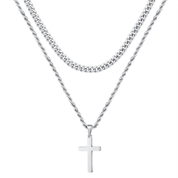 Wholesale Cross stainless steel necklace, personalized and versatile, double-layer stacked chain