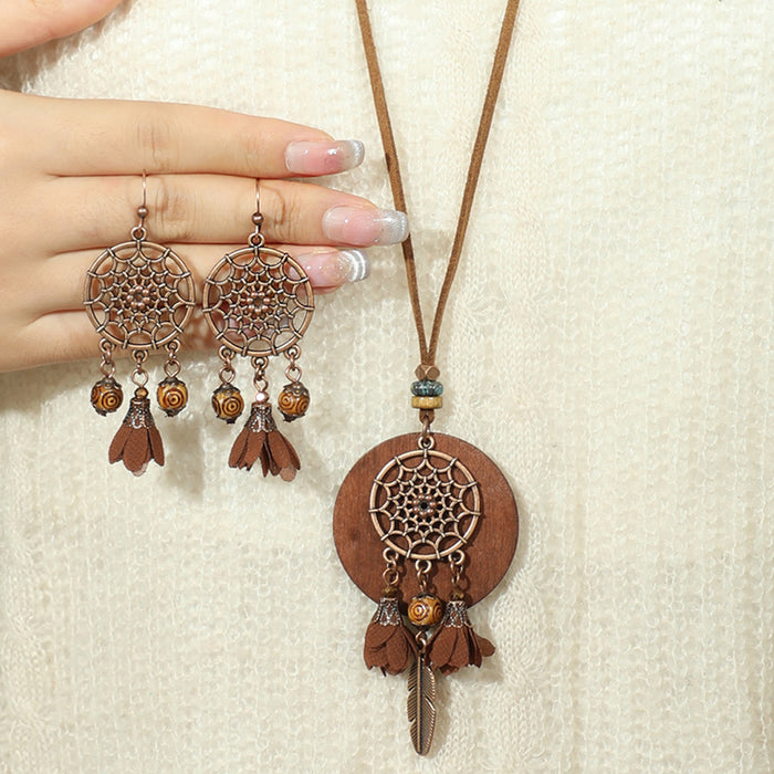 Wholesale Retro Boho Dreamcatcher Hollow Earrings and Necklace Set Fashion Jewelry MOQ≥2