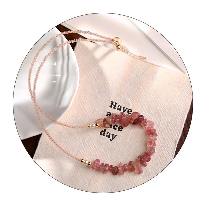 Wholesale Pink crystal necklace, crystal raw stone necklace, niche peach blossom crystal crushed stone necklace