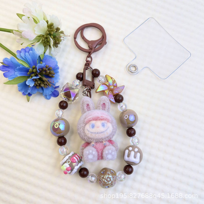 Wholesale Flocked kitten fun girly colorful beaded mobile phone chain keychain bag doll pendant accessories