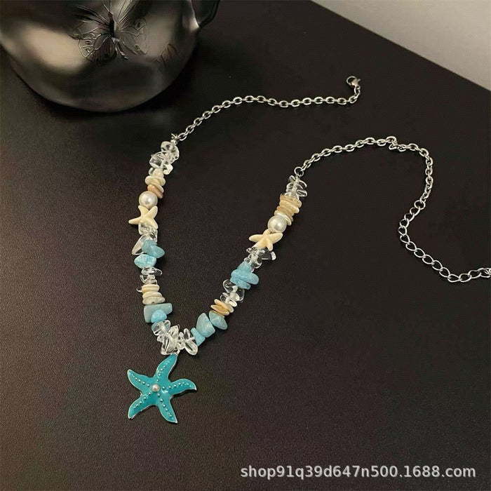 Wholesale Seaside Cute Pearl Shell Starfish Beaded Necklace Blue Plated Alloy Collarbone Chain