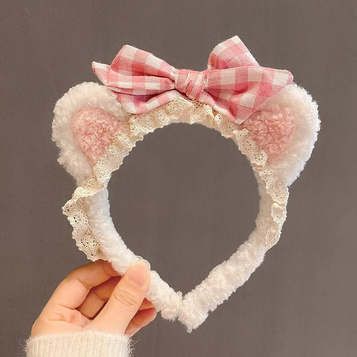 Wholesale Cute lace-trimmed bow bear ear plush headband