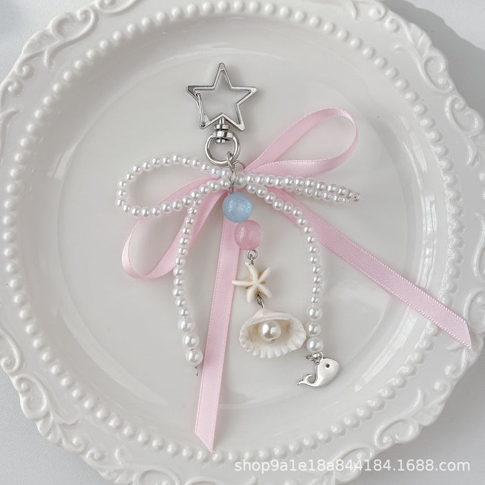 Wholesale Pink Ribbon Bow Bag Hanging Pearl Shell Keychain Pendant Exquisite Hanging