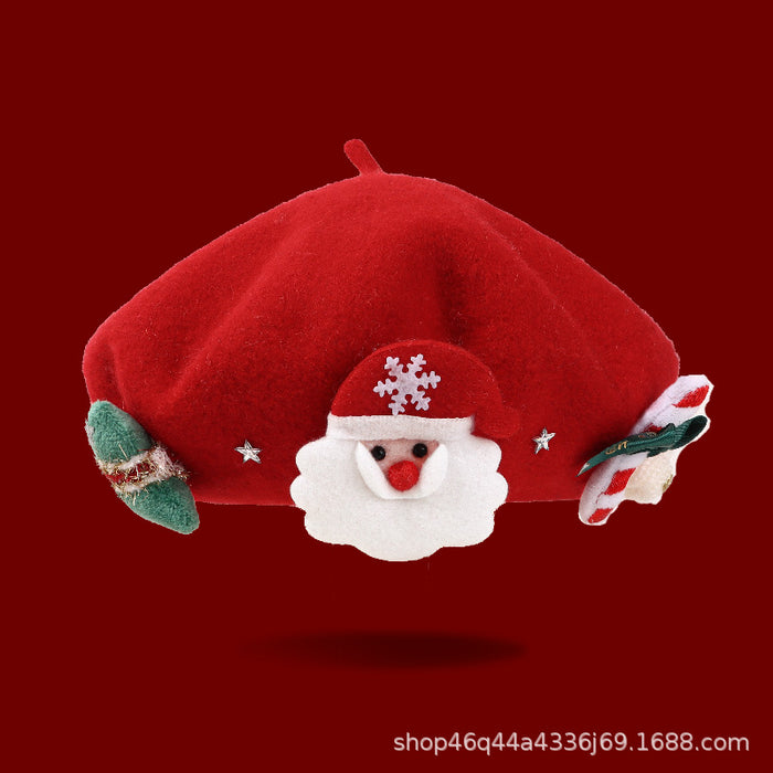Wholesale Autumn and Winter Christmas Family Beret Sweet Kidsren' s Painter Hat Cute Versatile Warm Wool Red Hat for Girls