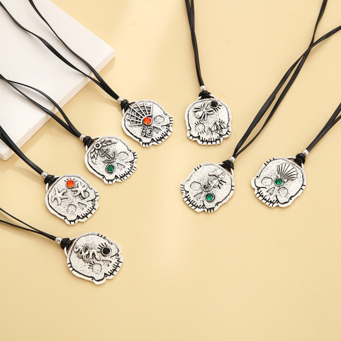 Wholesale Personalized skull pendant necklace adjustable long black leather rope sweater chain