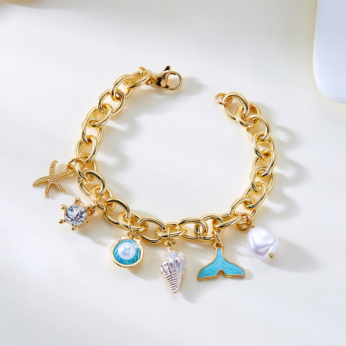 Wholesale Ocean Seashell Starfish Pearl Necklace and Bracelet Set Alloy Electroplated Fashion Accessory