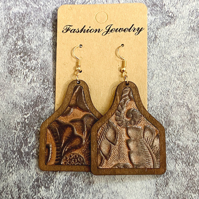 Wholesale Genuine leather earrings cowhide embossed cow brand cactus inlaid Western retro wood earrings