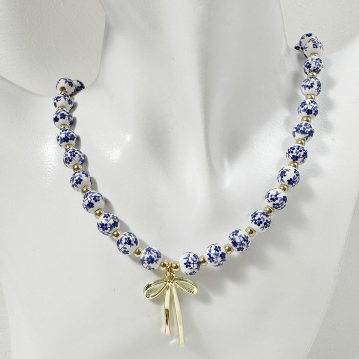 Wholesale Chinese Style Blue White Porcelain Ceramic Bead Butterfly Bow Necklace Fashion Accessory MOQ≥5
