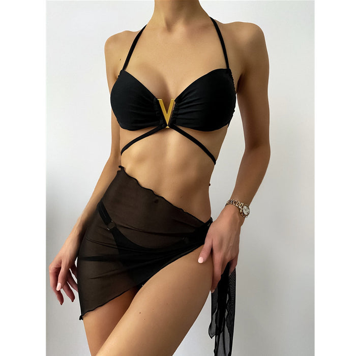Wholesale Bikini Solid Color Strap Sexy Three Piece Swimsuit Set