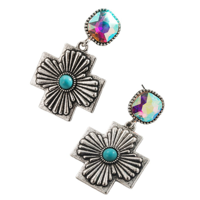 Wholesale Diamond-encrusted Turquoise Water Drop Cross Earrings Retro Creative Distinctive Exaggerated Earrings for Women