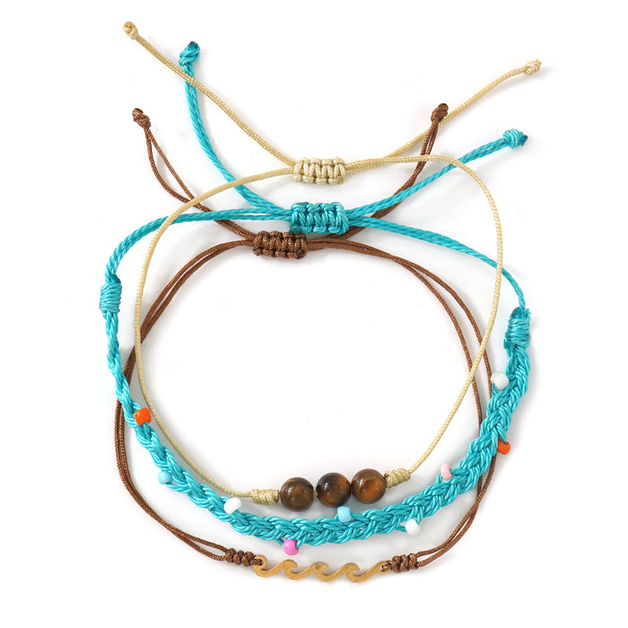 Wholesale Trendy Summer Resort Layered Bracelet In Blue Handmade Tiger Eye Stone With Metal Wave Unisex Gift