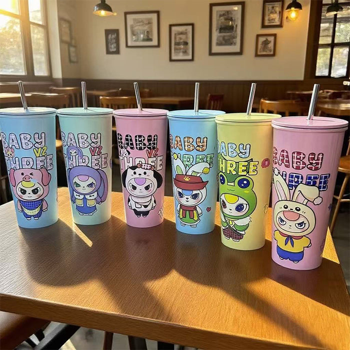Wholesale Random Cartoon thermos cup stainless steel coffee cup high value large capacity cold cup portable straw water cup
