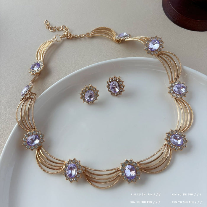 Wholesale Retro purple imitation diamond necklace earrings exaggerated personality collarbone chain