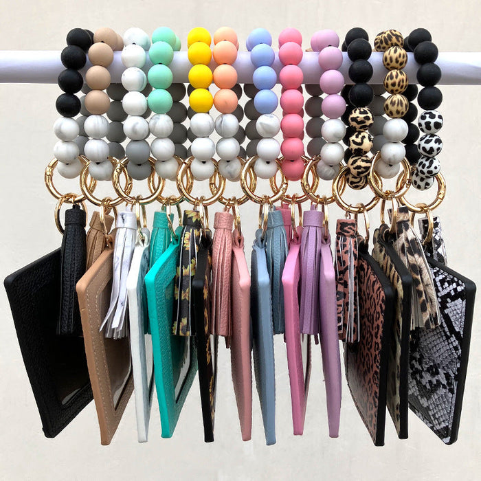 Wholesale Colorful Silicone Beads PU Tassel Coin Purse Wrist Keychain JDC-KC-Maol014