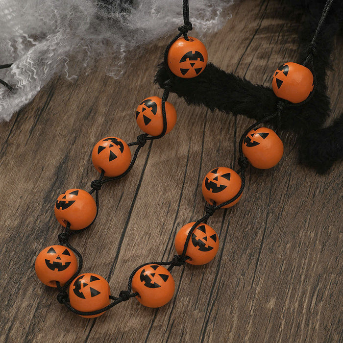 Wholesale Halloween Pumpkin Spider Print Wooden Bead Necklace JDC-NE-JunJie003