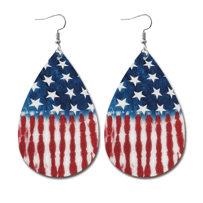 Wholesale Independence Day leather earrings Classic water drop American flag distressed earrings holiday tie-dyed patriotic earrings
