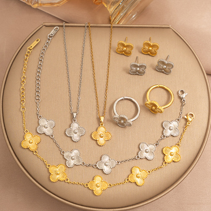 Wholesale Titanium Steel Four-Leaf Clover Necklaces Earrings Bracelet Set