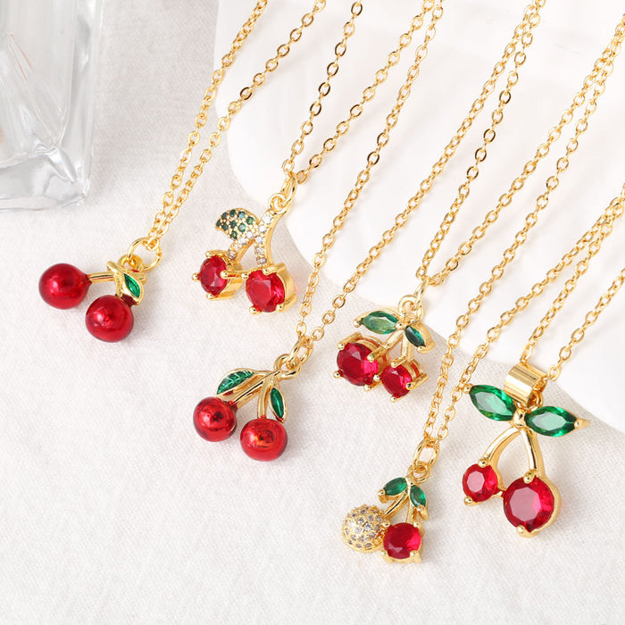 Wholesale Jewelry  Fruit Cherry Pendant Necklace Women Gold Plated Oil Drop Collarbone Chain