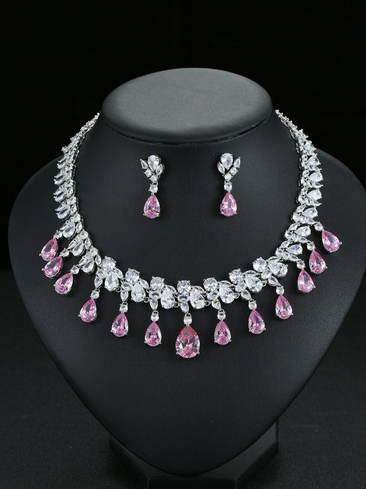 Wholesale Zircon Necklace Earrings suit Jewelry Full Diamond Water Drops Festival Wear