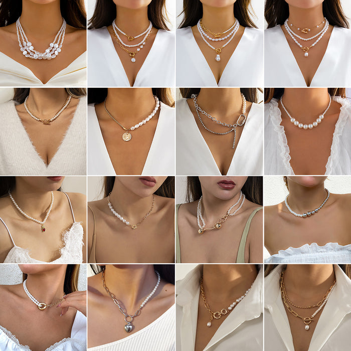 Wholesale Vintage imitation pearl pieced simple necklace with creative temperament, round bead chain layered necklace accessory
