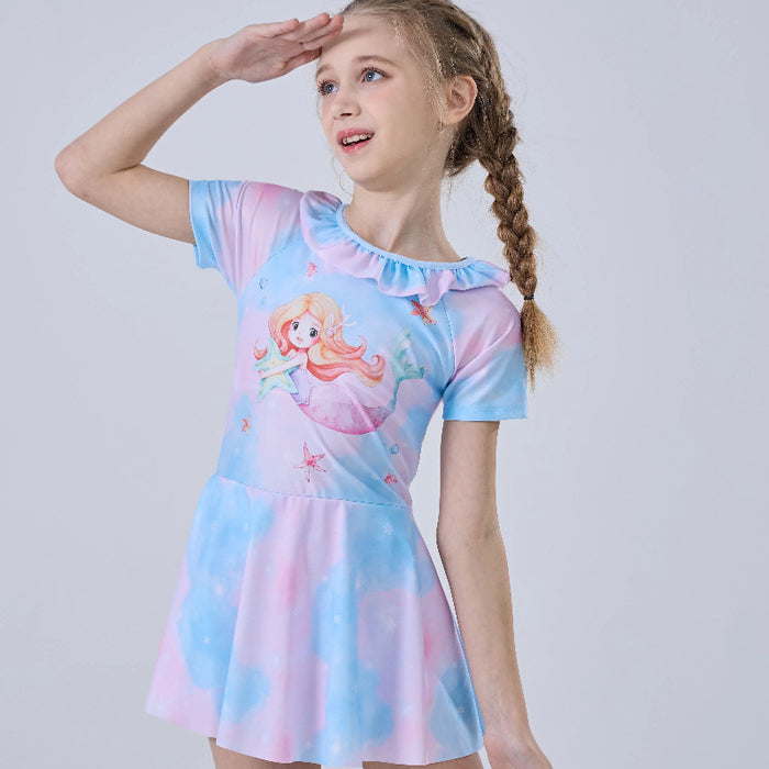 Wholesale Children's swimsuit new swimsuit, girls' cartoon swimsuit, sun protection quick drying medium and large children's short sleeved skirt one-piece swimsuit
