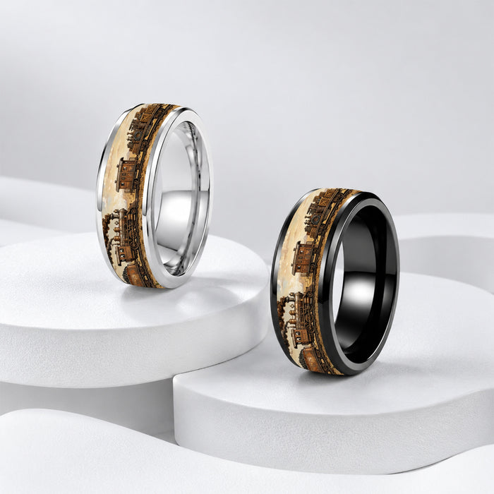 Wholesale 304 Stainless Steel Men' s Vintage Western Train Ring Silver Electroplated Jewelry Accessory