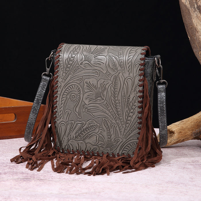 Wholesale Retro cotton and linen printed bohemian style leather carved shoulder crossbody women' s bag