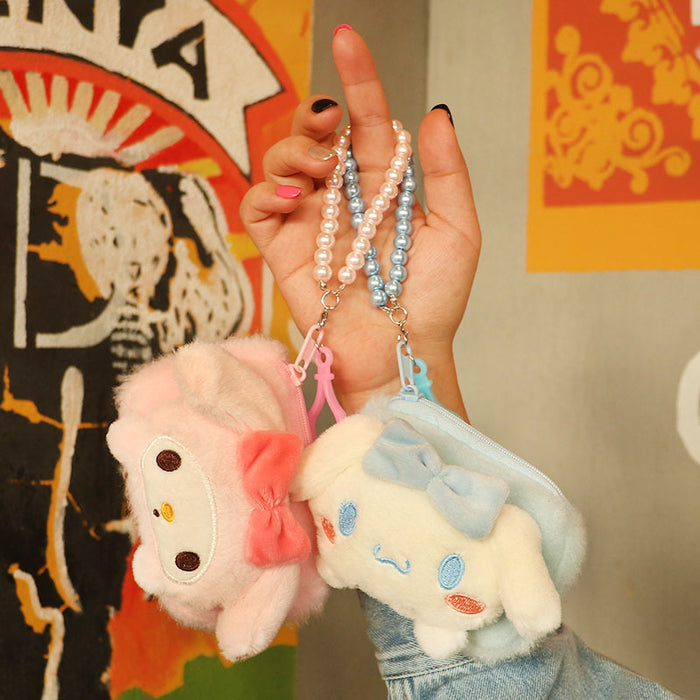 Wholesale Plush White Dog Coin Purse With Bead Chain Cute Bow Design Cartoon Small Bag For Students Key Card Holder Gift