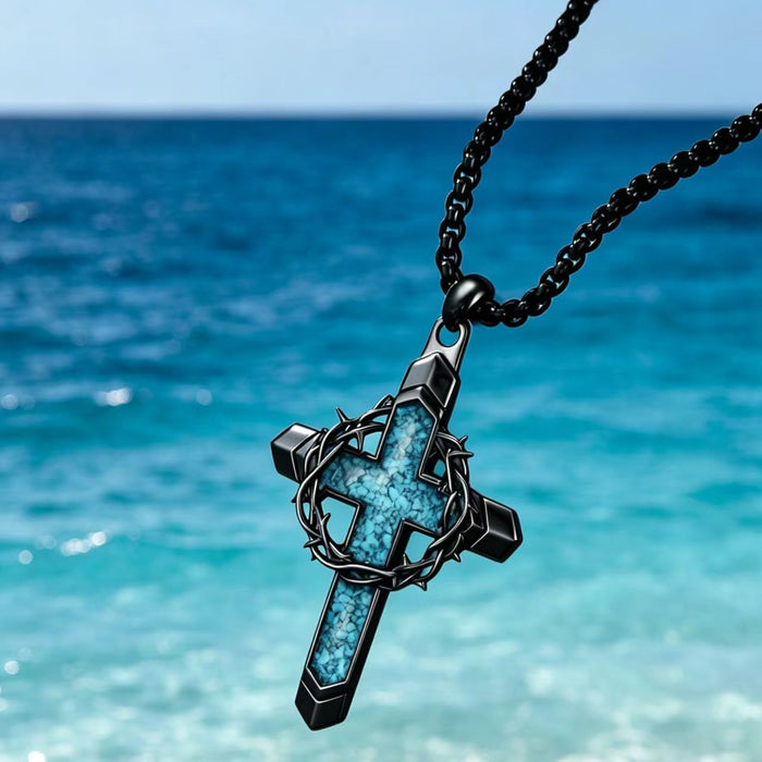 Wholesale Vintage Cross n Wreath Turquoise Pendant Necklace For Men Black Zinc Alloy Hip Hop Punk Jewelry Gift