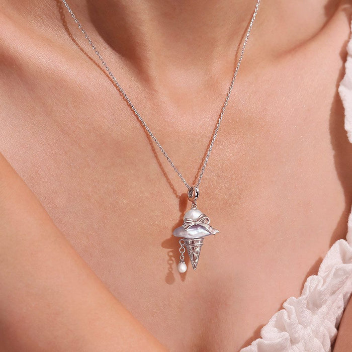 Wholesale Ice cream cone bow pearl pendant necklace