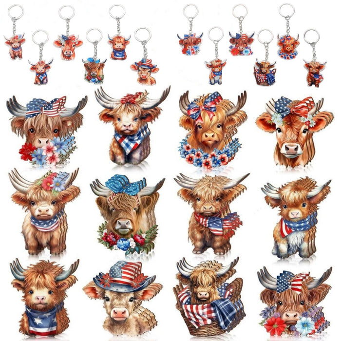 Wholesale 12PCS American Independence Day Acrylic Highland Cow Keychain JDC-KC-HuiWen008