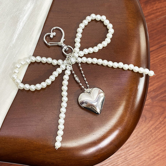 Wholesale Bow Pearl Silver Love Pendant Car Keychain Headset Pendant Accessories