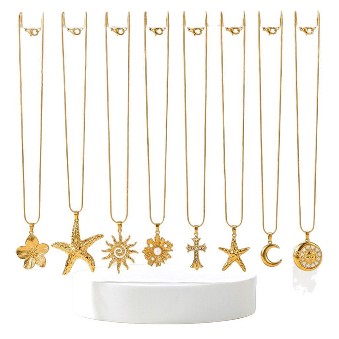 Wholesale High-end clavicle necklace with sun and starfish pendants,  made of titanium steel.