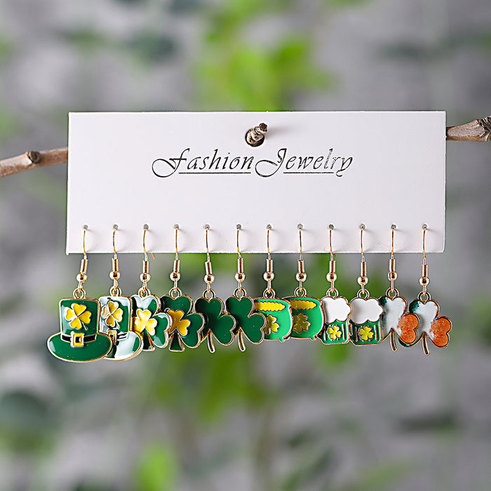 Wholesale Saint Patrick' s Day Green Clover Earring Set 6 Pairs Fashion Jewelry Accessory