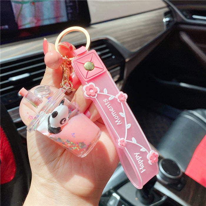 Wholesale Red Creative Girl's Heart Cute Panda Oil-filled Milk Tea Cup Floating Bottle Keychain Pendant quicksand pendant