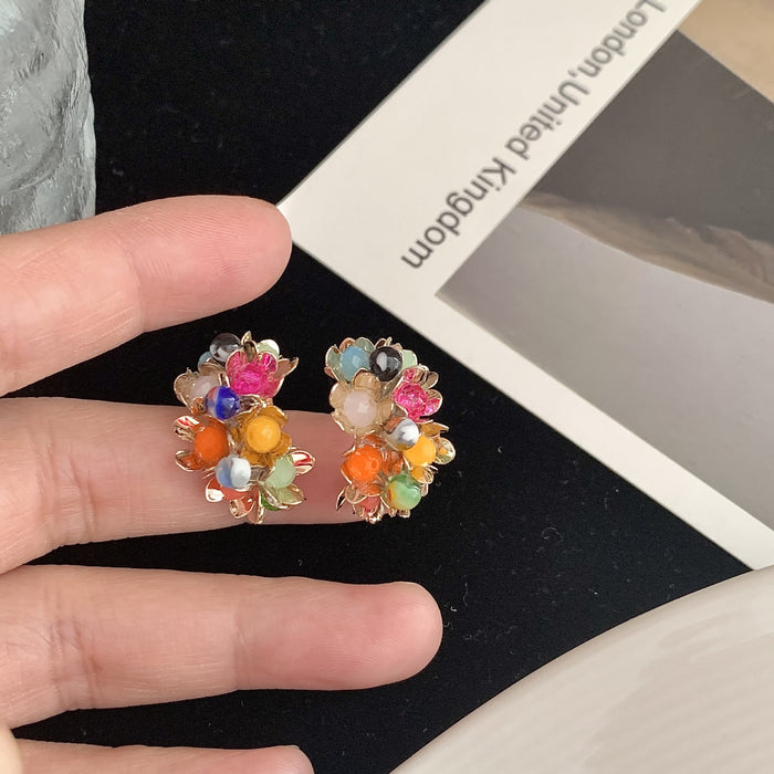 Wholesale flowers natural stone  925 silver ins rainbow small stone earrings