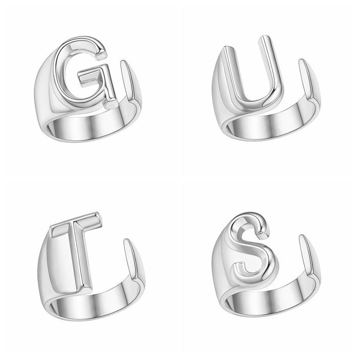 Wholesale 26 letter ring implies courage copper Open silver ring gold big ring for men and women