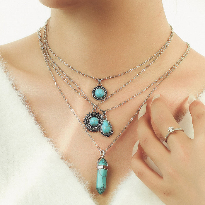 Wholesale Retro Bohemian Turquoise 4 Layer Necklace